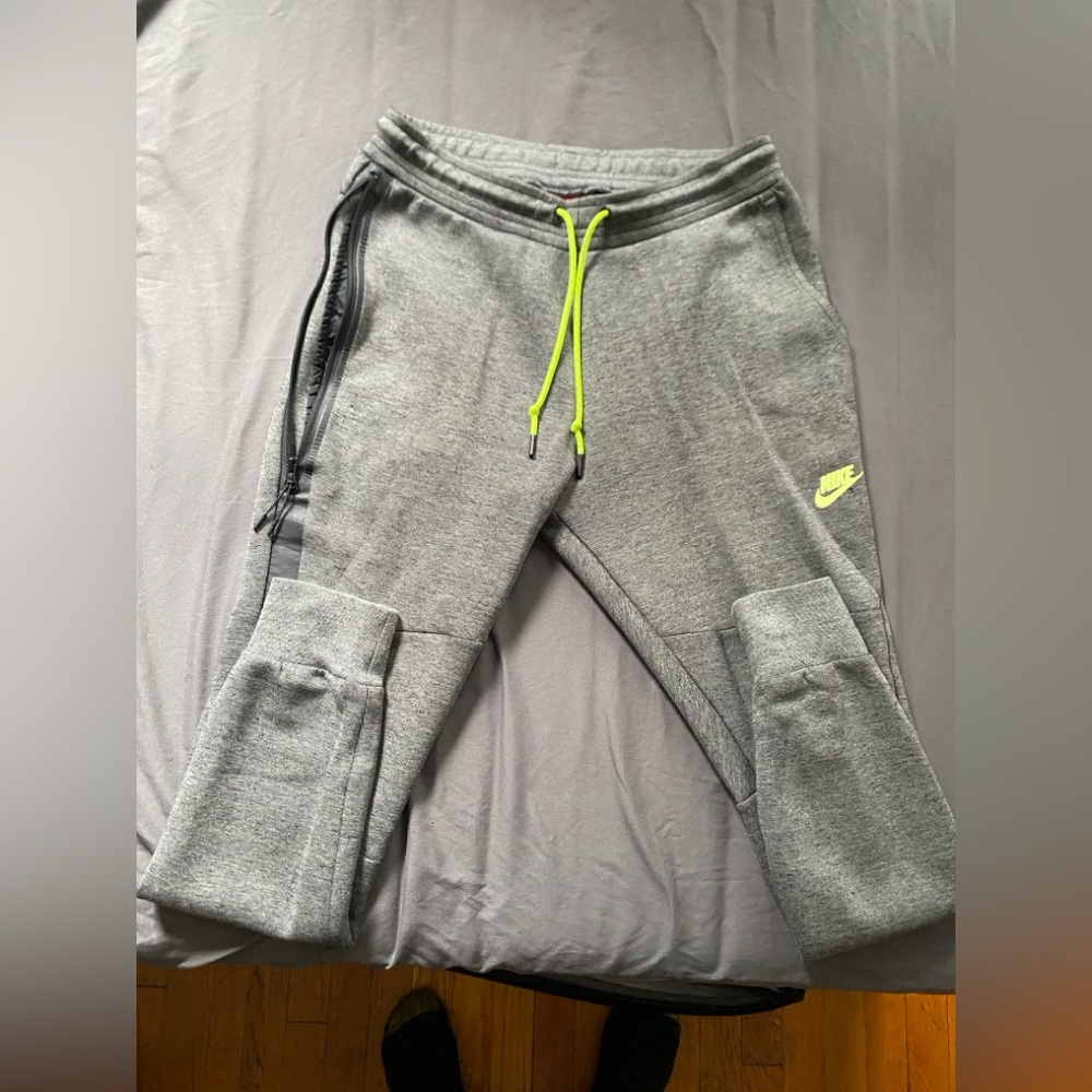 Nike Tech Fleece Gray Joggers with Neon Green Details